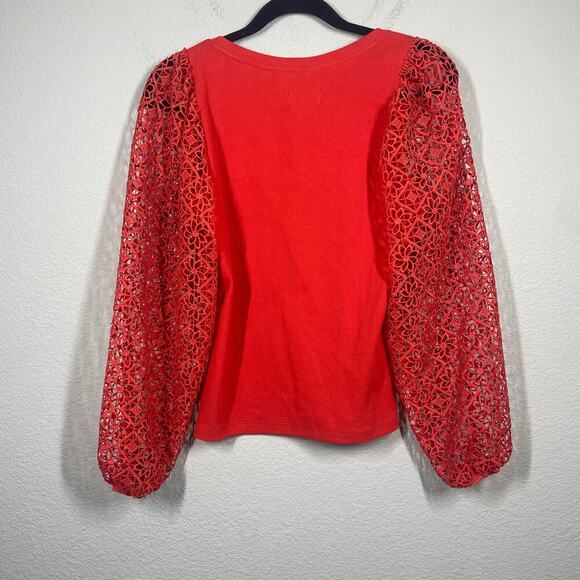 Maeve Small Lace Crochet Sleeve Top Red Cotton Blend Rib Scoop Neck - Picture 3 of 11